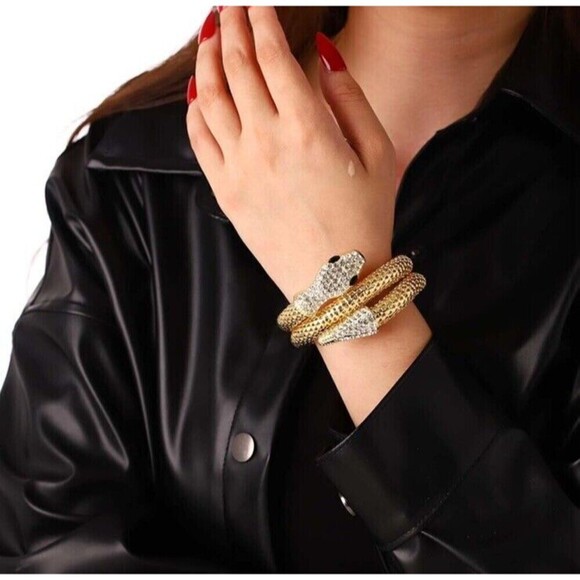 Mesh Rhinestone Snake Coil Wrap Gold Tone Bracelet Womens Designer Whimsy Goth - Picture 5 of 7